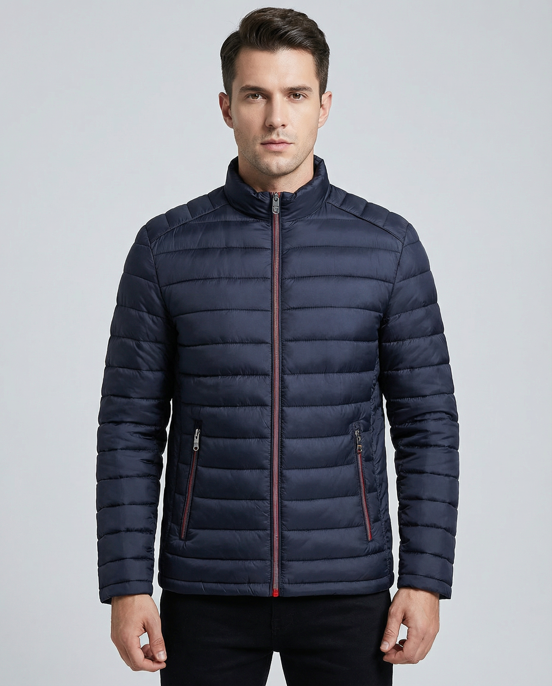 Men's Lightweight Quilted Puffer Jacket - Slim Fit, Water-Resistant Technical Fabric, Stand Collar — detail view