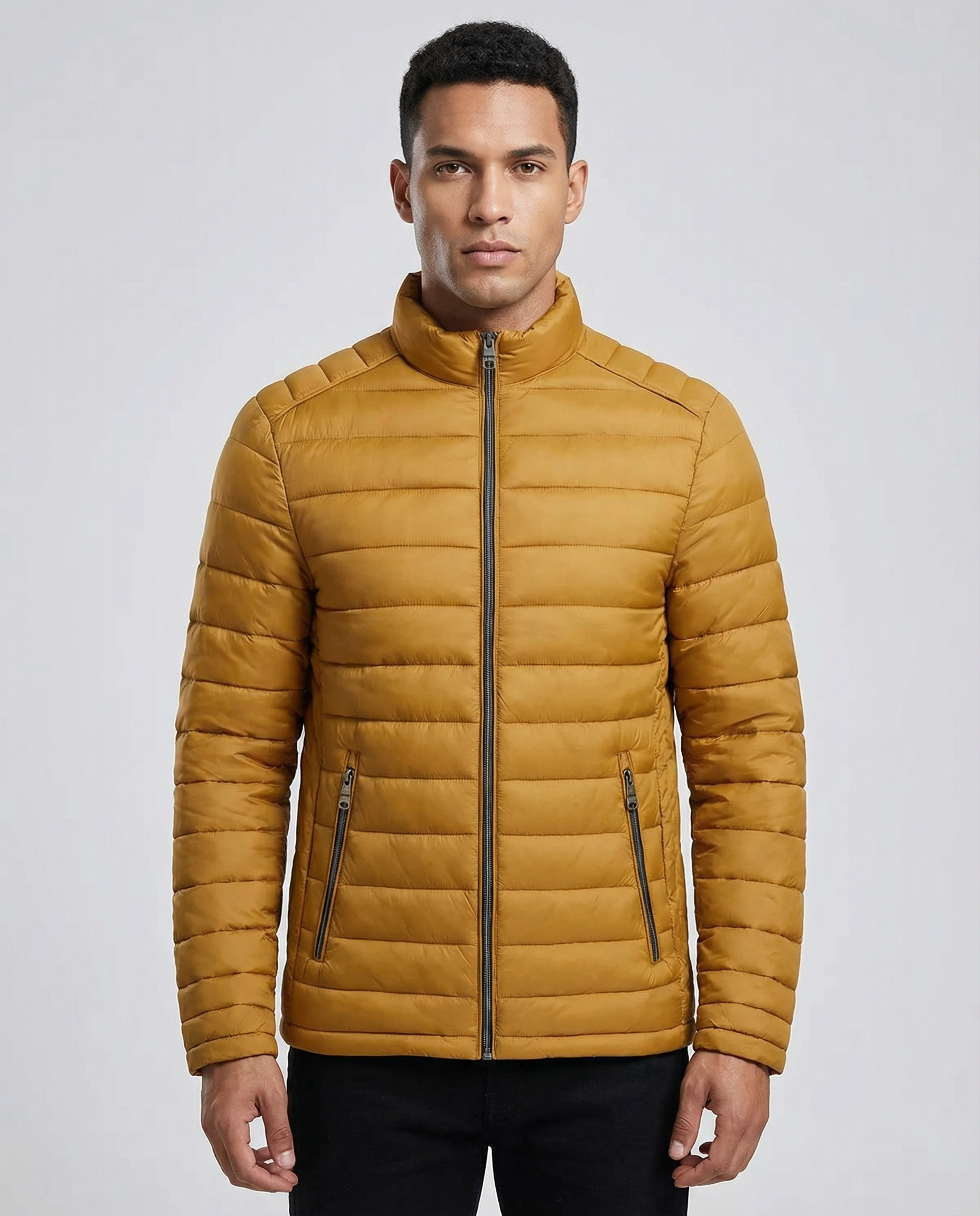 Men's Lightweight Quilted Puffer Jacket - Slim Fit, Water-Resistant Technical Fabric, Stand Collar — model wearing