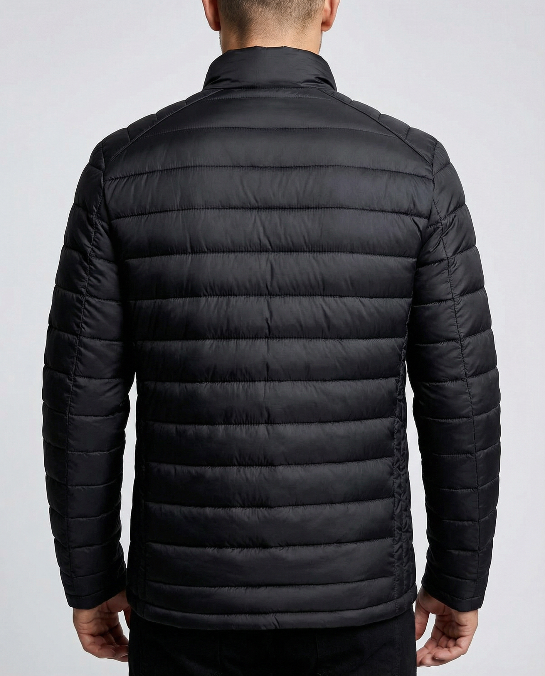 Men's Lightweight Quilted Puffer Jacket - Slim Fit, Water-Resistant Technical Fabric, Stand Collar — side view
