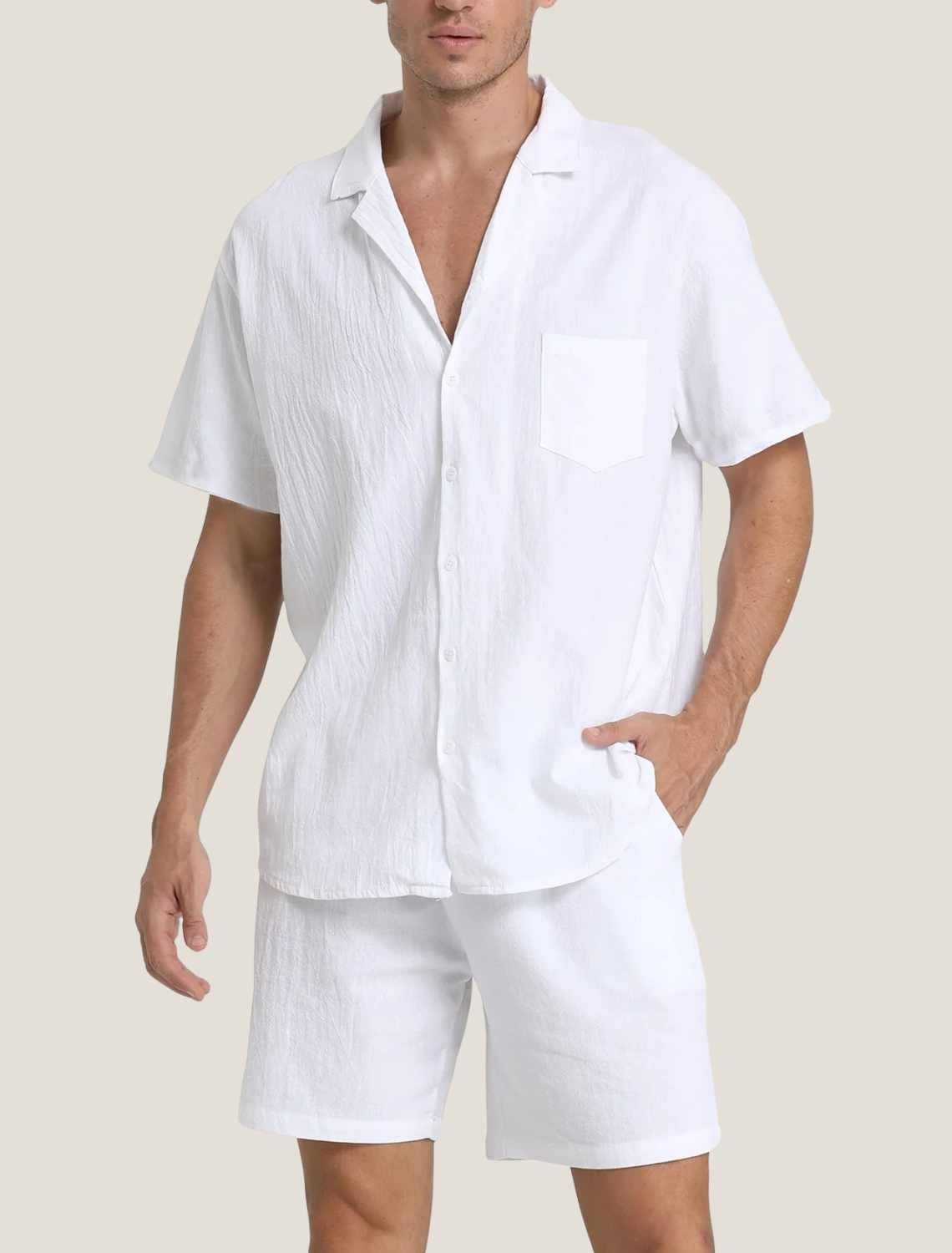 Men's Lightweight Short Sleeve Button Shirt with Chest Pocket and Drawstring Shorts Two Piece Summer Set