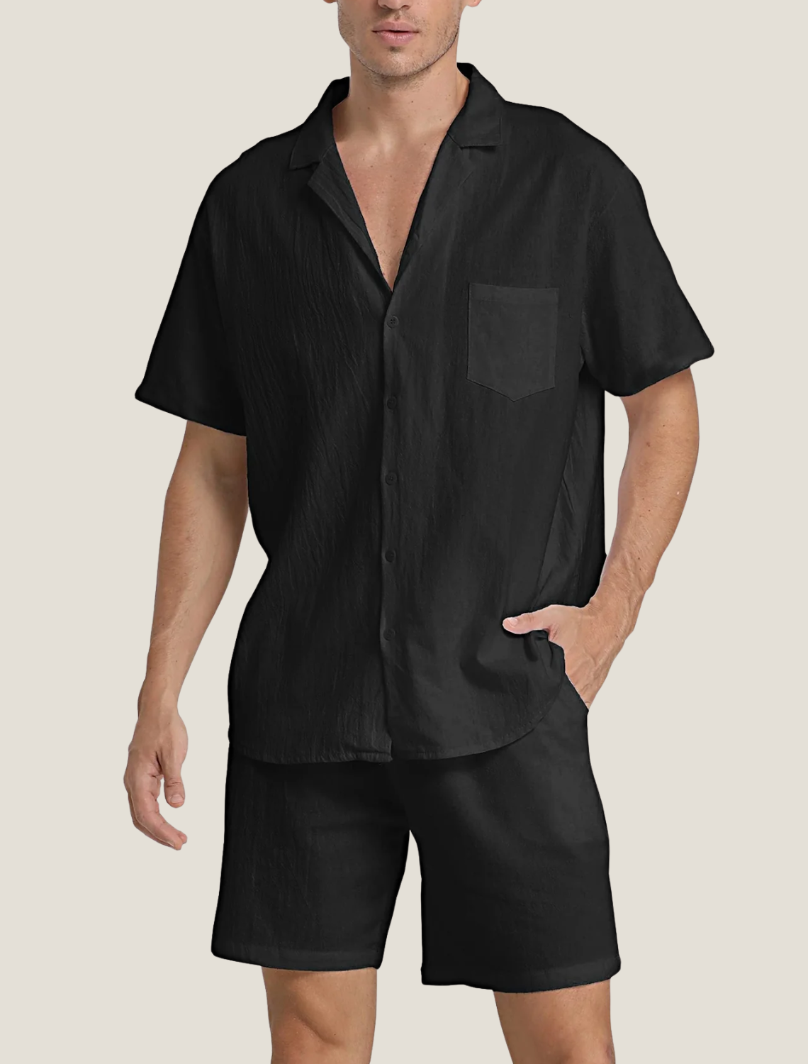 Men's Lightweight Short Sleeve Button Shirt with Chest Pocket and Drawstring Shorts Two Piece Summer Set