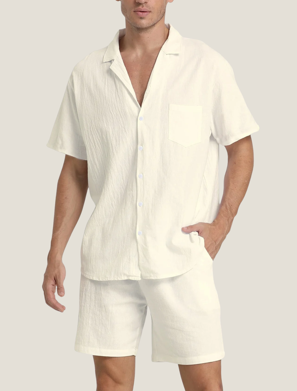 Men's Lightweight Short Sleeve Button Shirt with Chest Pocket and Drawstring Shorts Two Piece Summer Set