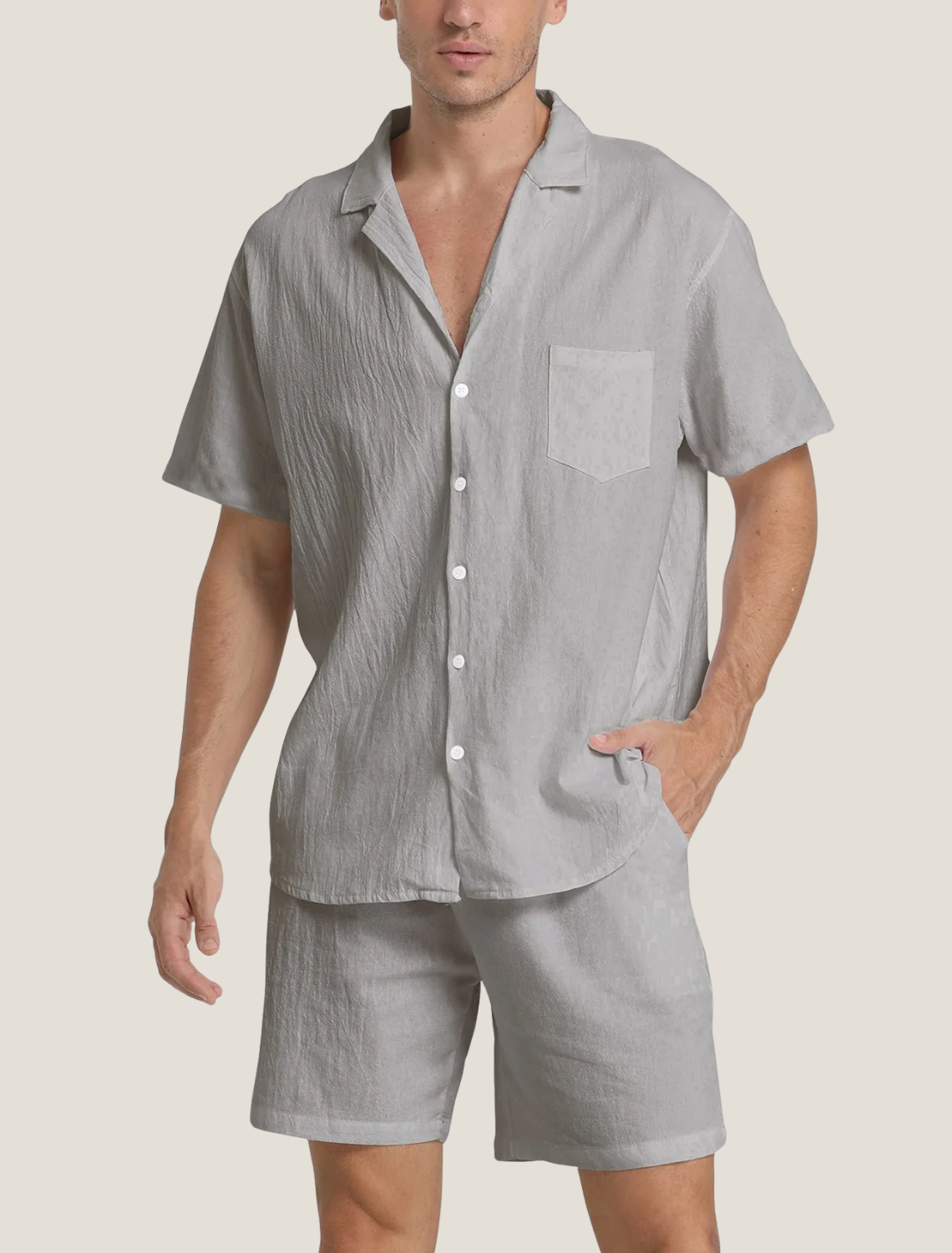 Men's Lightweight Short Sleeve Button Shirt with Chest Pocket and Drawstring Shorts Two Piece Summer Set