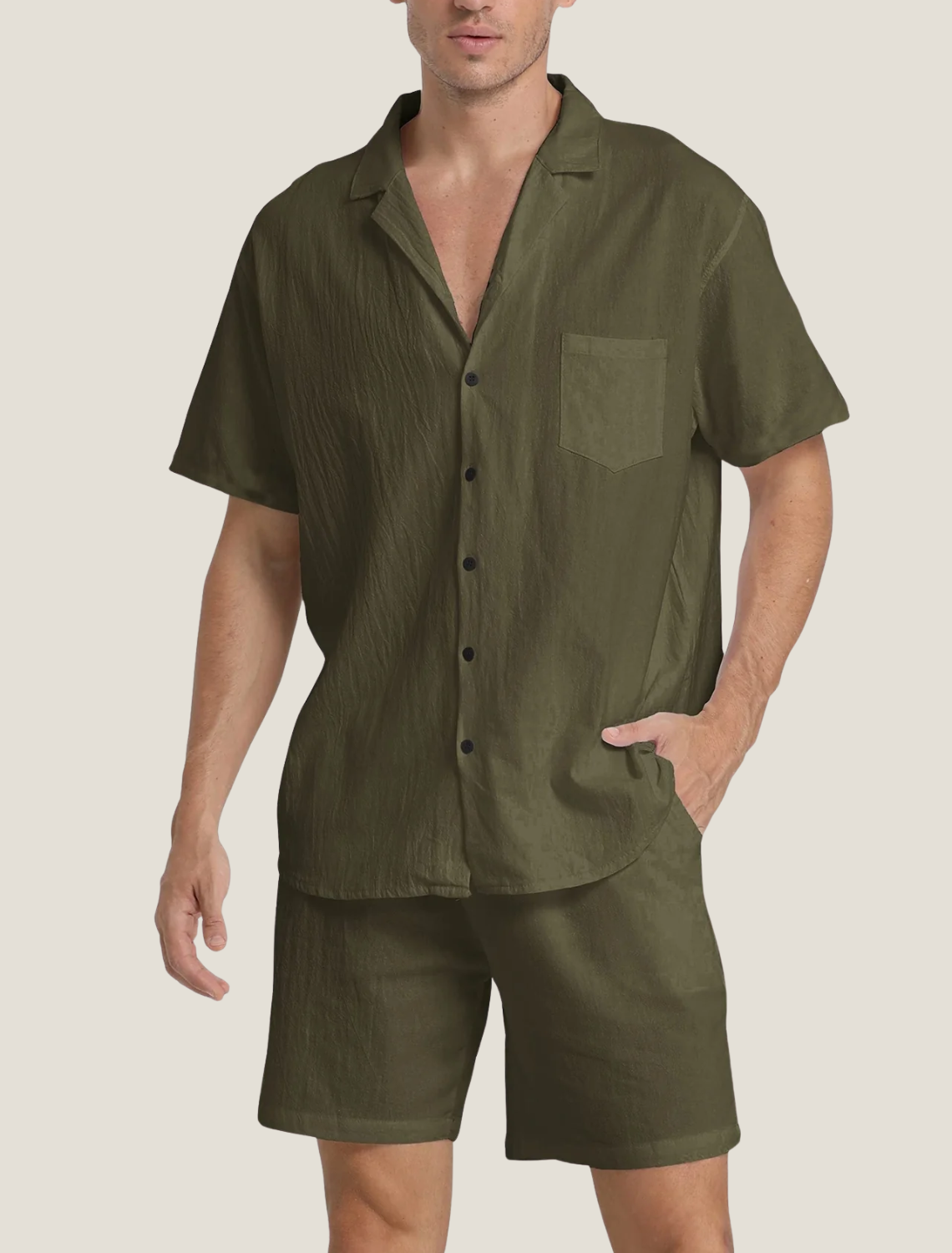Men's Lightweight Short Sleeve Button Shirt with Chest Pocket and Drawstring Shorts Two Piece Summer Set