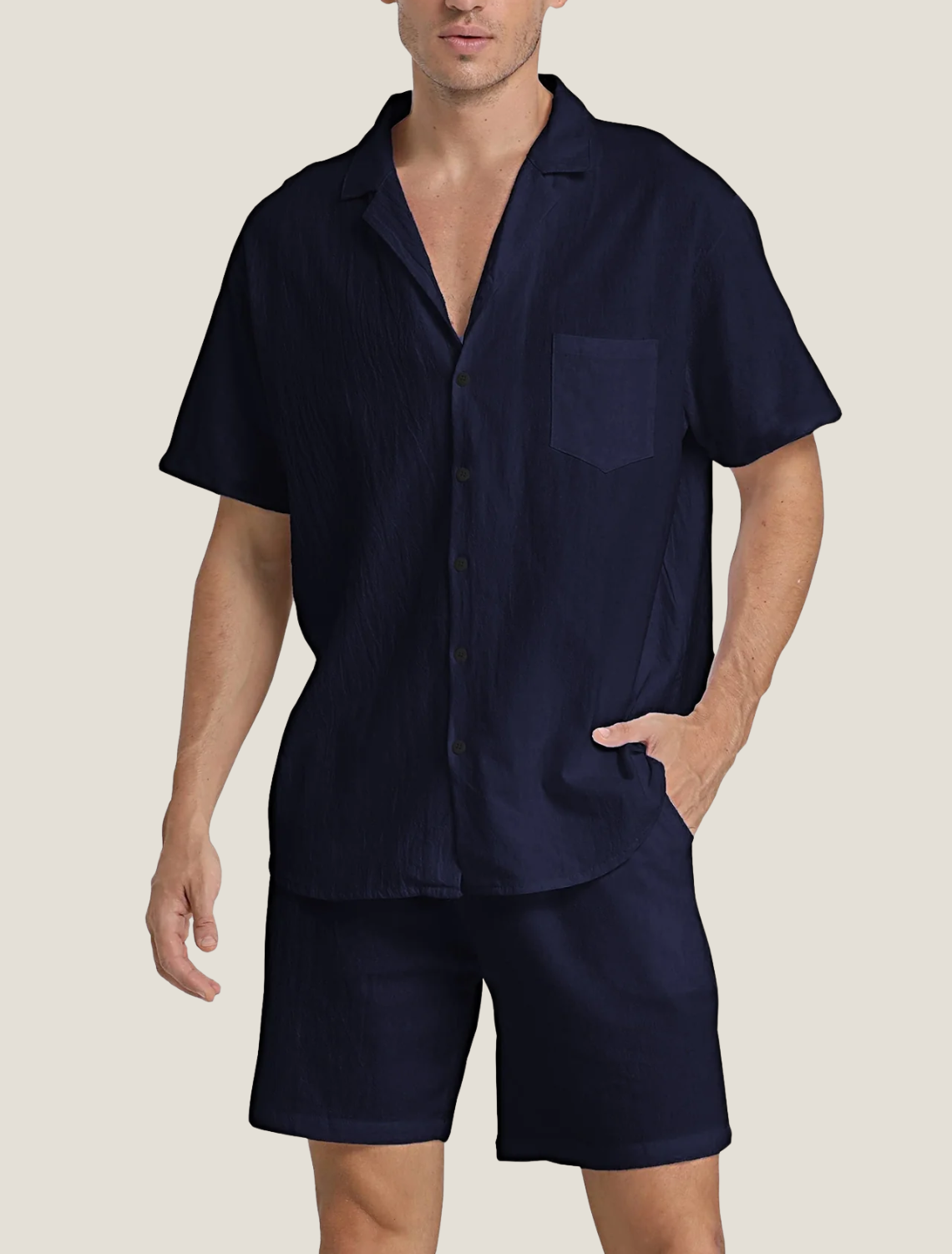 Men's Lightweight Short Sleeve Button Shirt with Chest Pocket and Drawstring Shorts Two Piece Summer Set