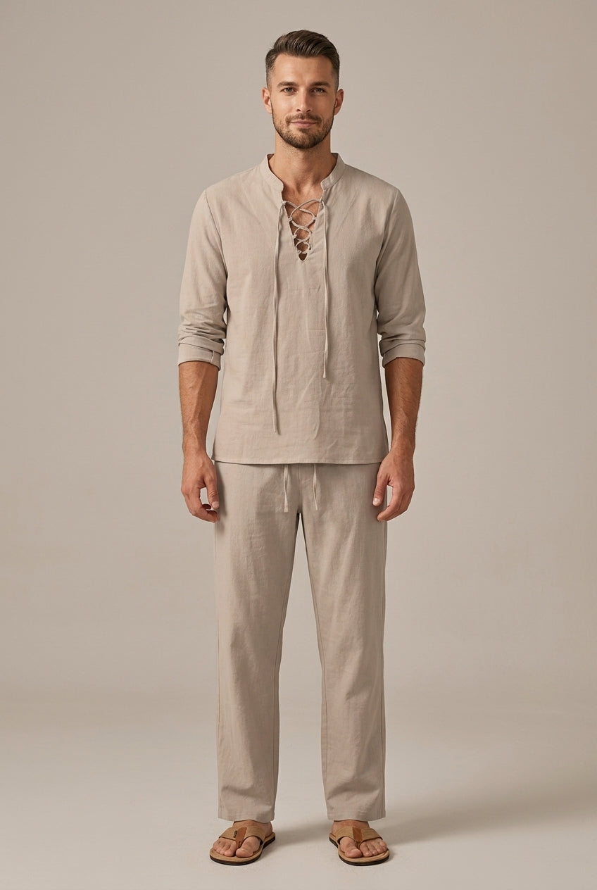 Men's Linen Blend Lace Up V-Neck Long Sleeve Shirt and Relaxed Wide Leg Drawstring Trousers Two Piece Set