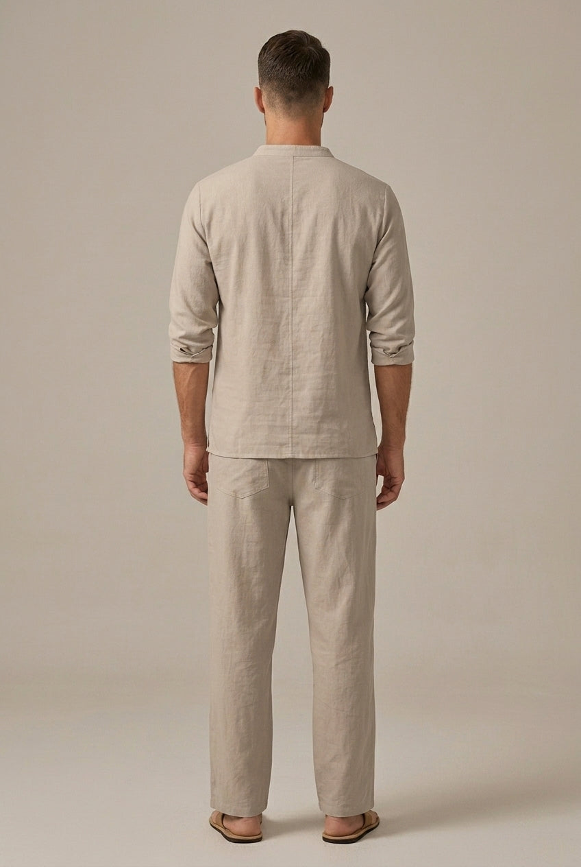 Men's Linen Blend Lace Up V-Neck Long Sleeve Shirt and Relaxed Wide Leg Drawstring Trousers Two Piece Set