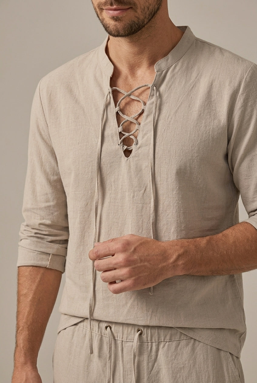 Men's Linen Blend Lace Up V-Neck Long Sleeve Shirt and Relaxed Wide Leg Drawstring Trousers Two Piece Set