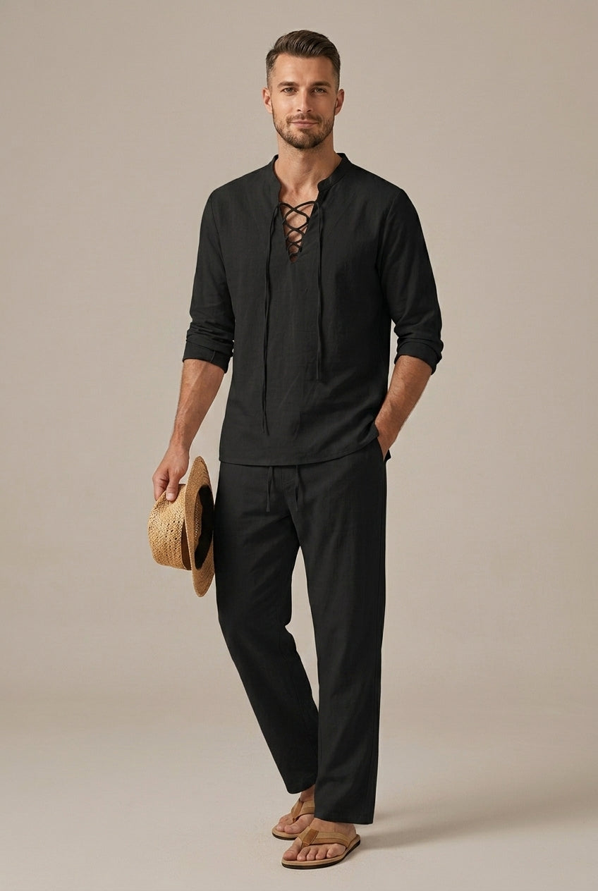 Men's Linen Blend Lace Up V-Neck Long Sleeve Shirt and Relaxed Wide Leg Drawstring Trousers Two Piece Set