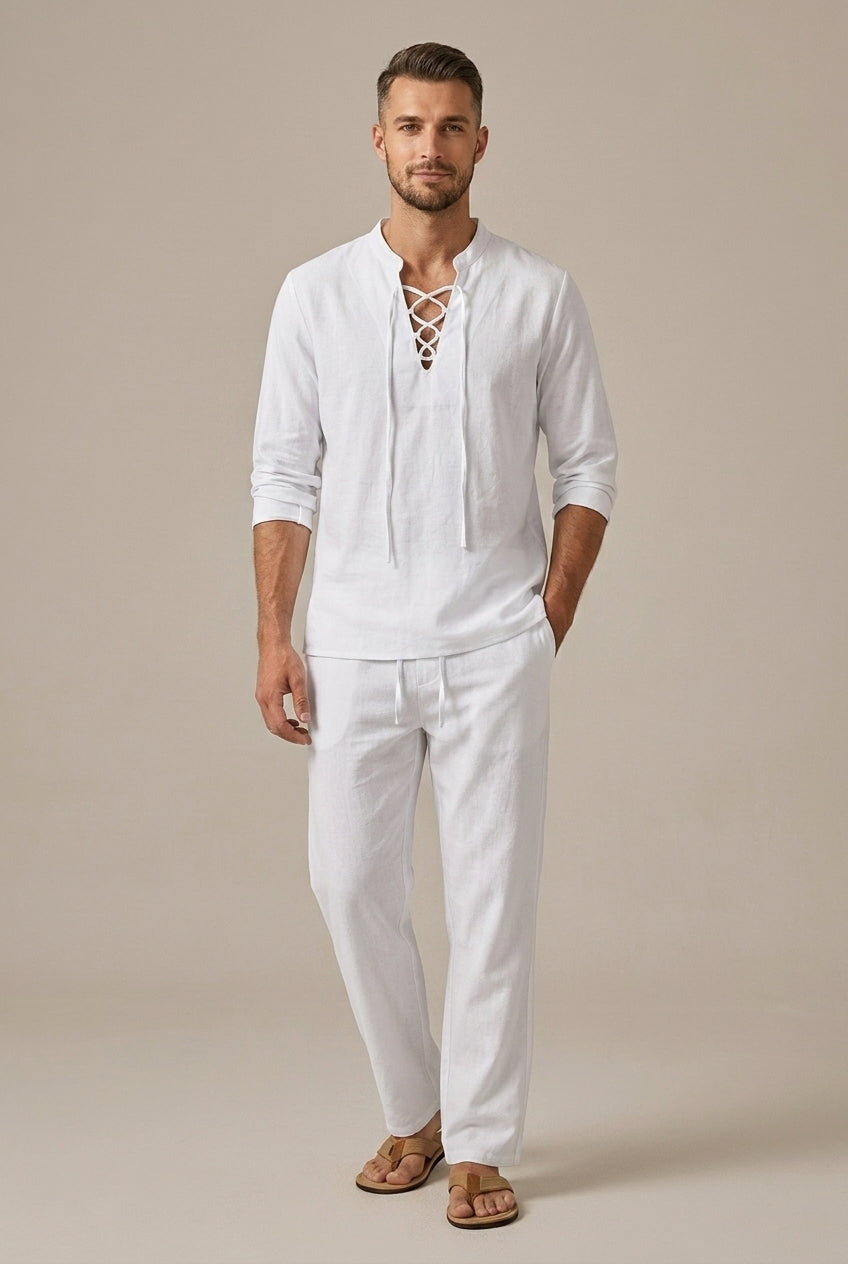 Men's Linen Blend Lace Up V-Neck Long Sleeve Shirt and Relaxed Wide Leg Drawstring Trousers Two Piece Set