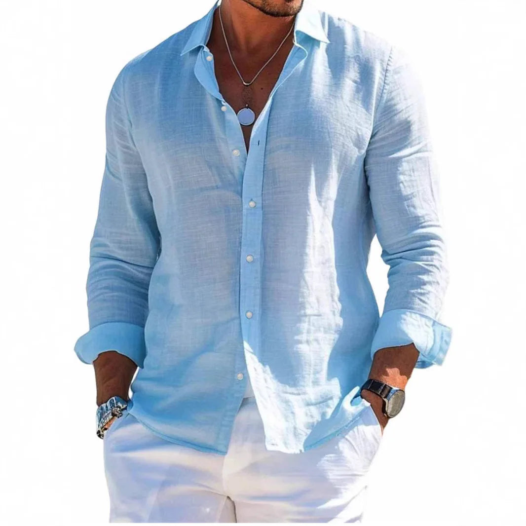 Men's Linen Shirt – Casual Turn Down Collar for Summer Outings — detail view