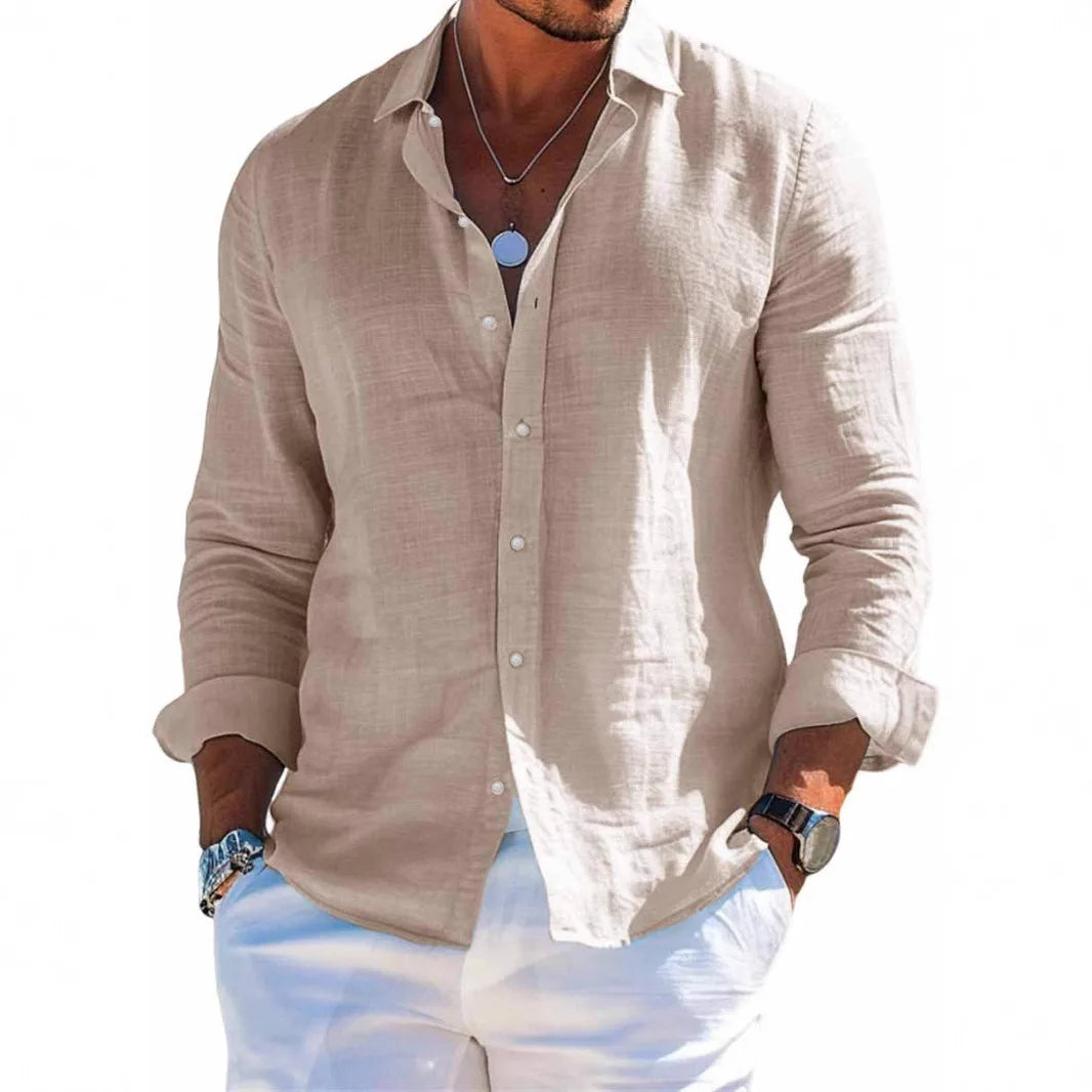 Men's Linen Shirt – Casual Turn Down Collar for Summer Outings — model wearing