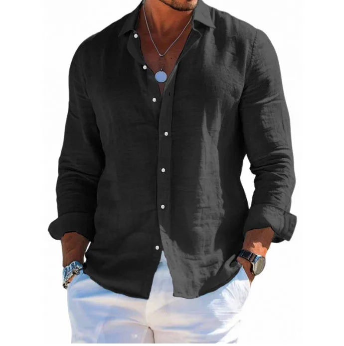 Men's Linen Shirt – Casual Turn Down Collar for Summer Outings — styling detail