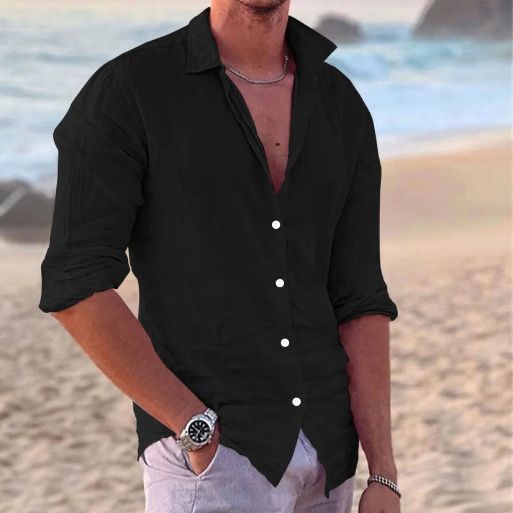Men's Long Sleeve Polo Shirt – Lightweight Cotton Casual Beachwear — close-up