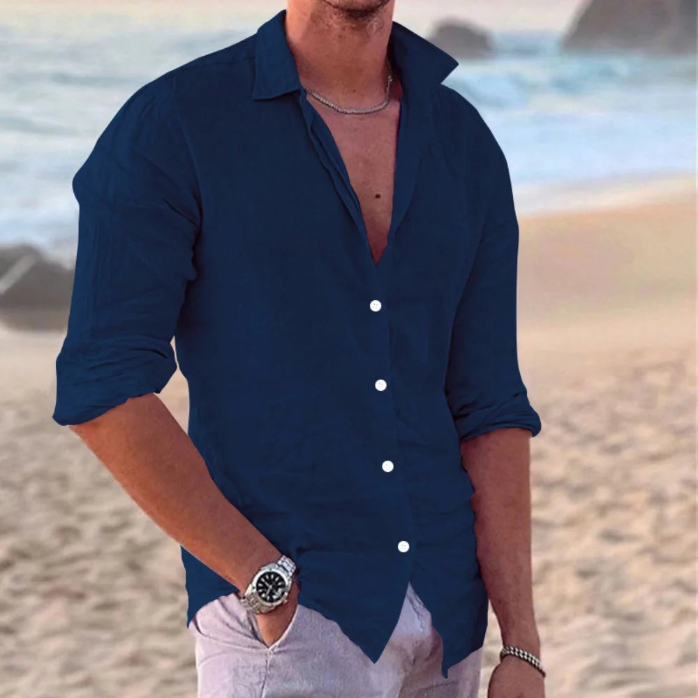 Men's Long Sleeve Polo Shirt – Lightweight Cotton Casual Beachwear — fabric detail
