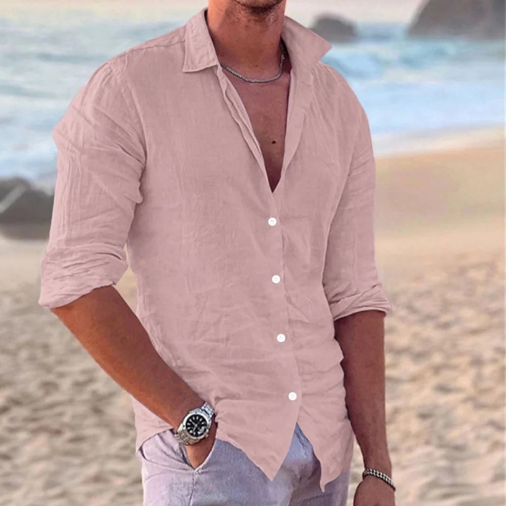 Men's Long Sleeve Polo Shirt – Lightweight Cotton Casual Beachwear — front close-up