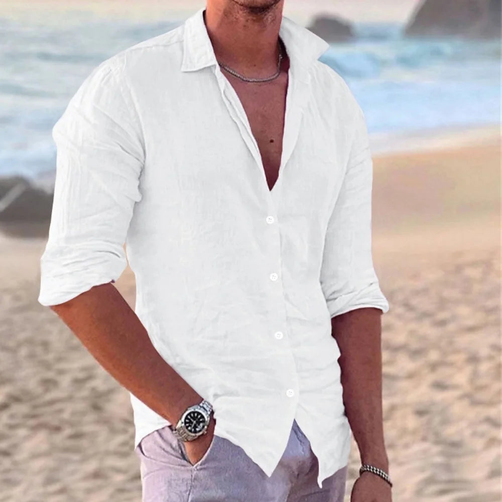 Men's Long Sleeve Polo Shirt – Lightweight Cotton Casual Beachwear — model wearing