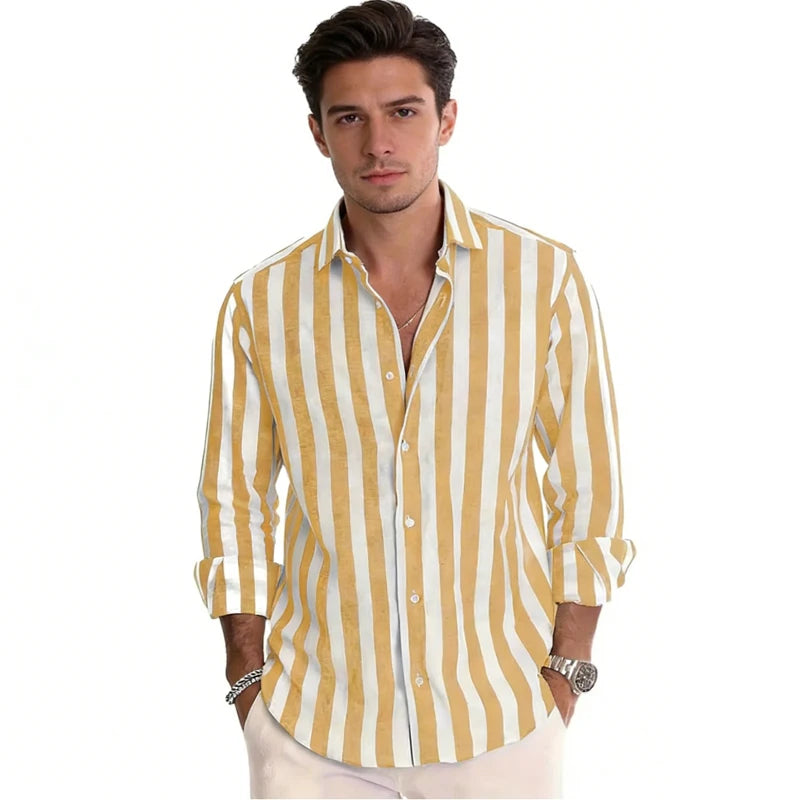 Men's Long Sleeve Stripe Shirt – Stylish Autumn Essential for Casual and Formal Wear — model wearing