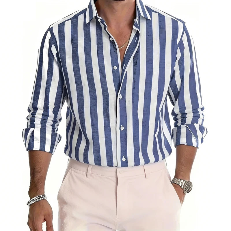 Men's Long Sleeve Stripe Shirt – Stylish Autumn Essential for Casual and Formal Wear — styling detail