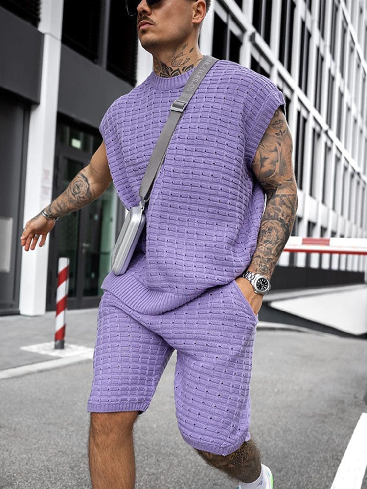 Men's Open Weave Knit Sleeveless Crew Neck Top and Elasticated Shorts Two Piece Casual Summer Set