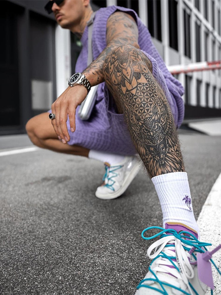 Men's Open Weave Knit Sleeveless Crew Neck Top and Elasticated Shorts Two Piece Casual Summer Set