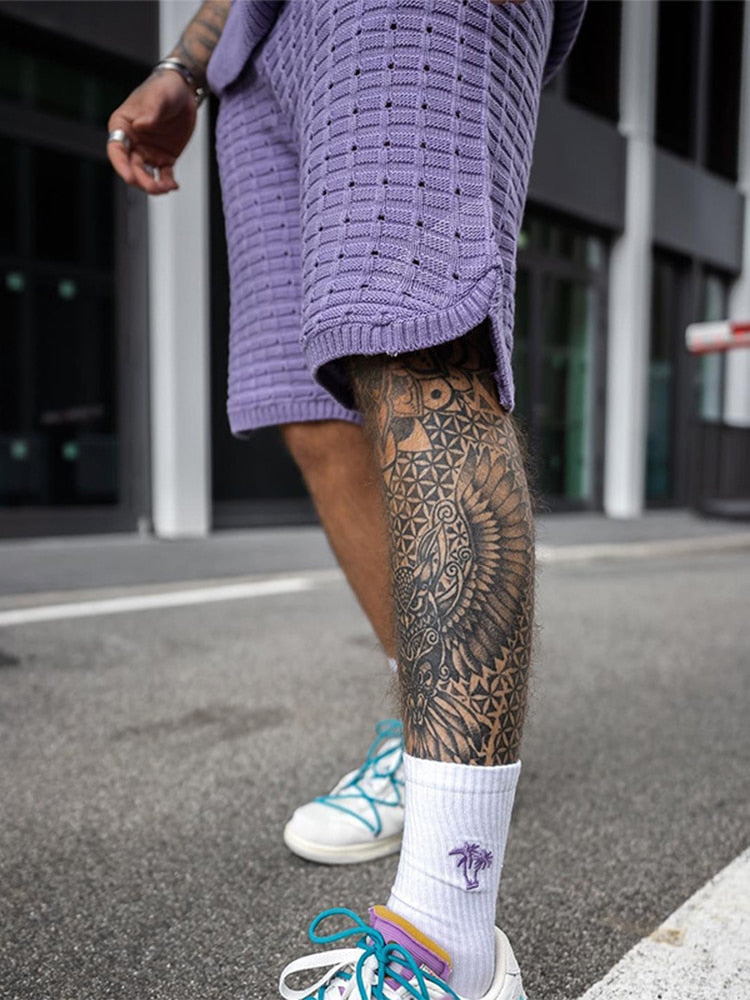 Men's Open Weave Knit Sleeveless Crew Neck Top and Elasticated Shorts Two Piece Casual Summer Set