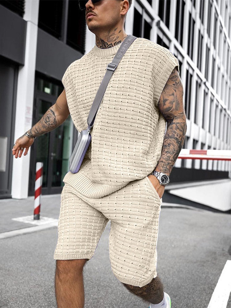 Men's Open Weave Knit Sleeveless Crew Neck Top and Elasticated Shorts Two Piece Casual Summer Set