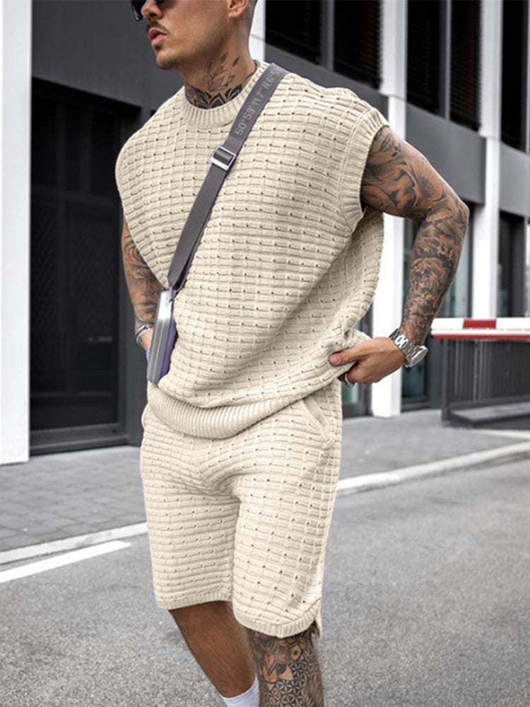 Men's Open Weave Knit Sleeveless Crew Neck Top and Elasticated Shorts Two Piece Casual Summer Set