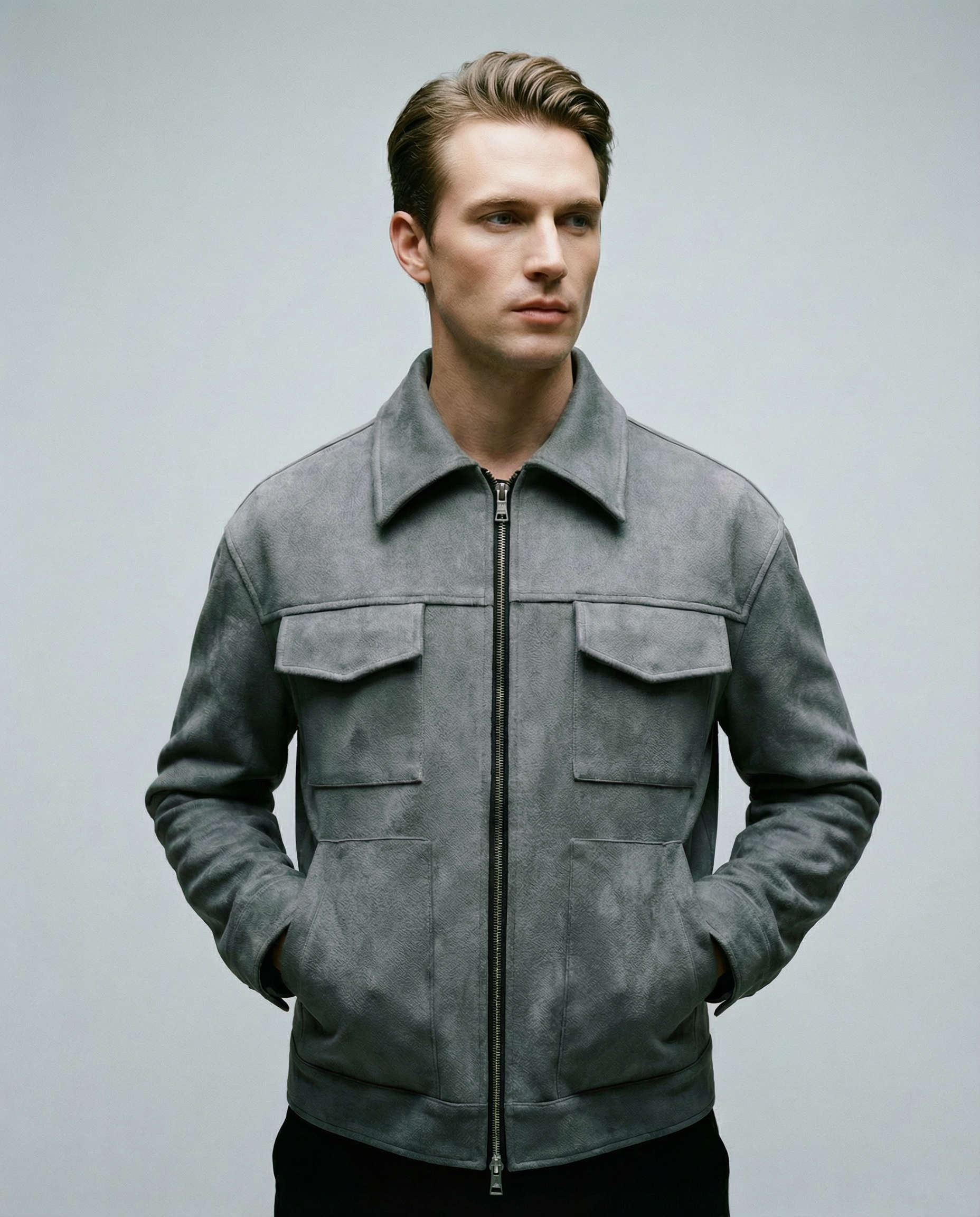 Men's Oversized Windbreaker Jacket – Stylish Suede Design with Functional Pockets — detail view