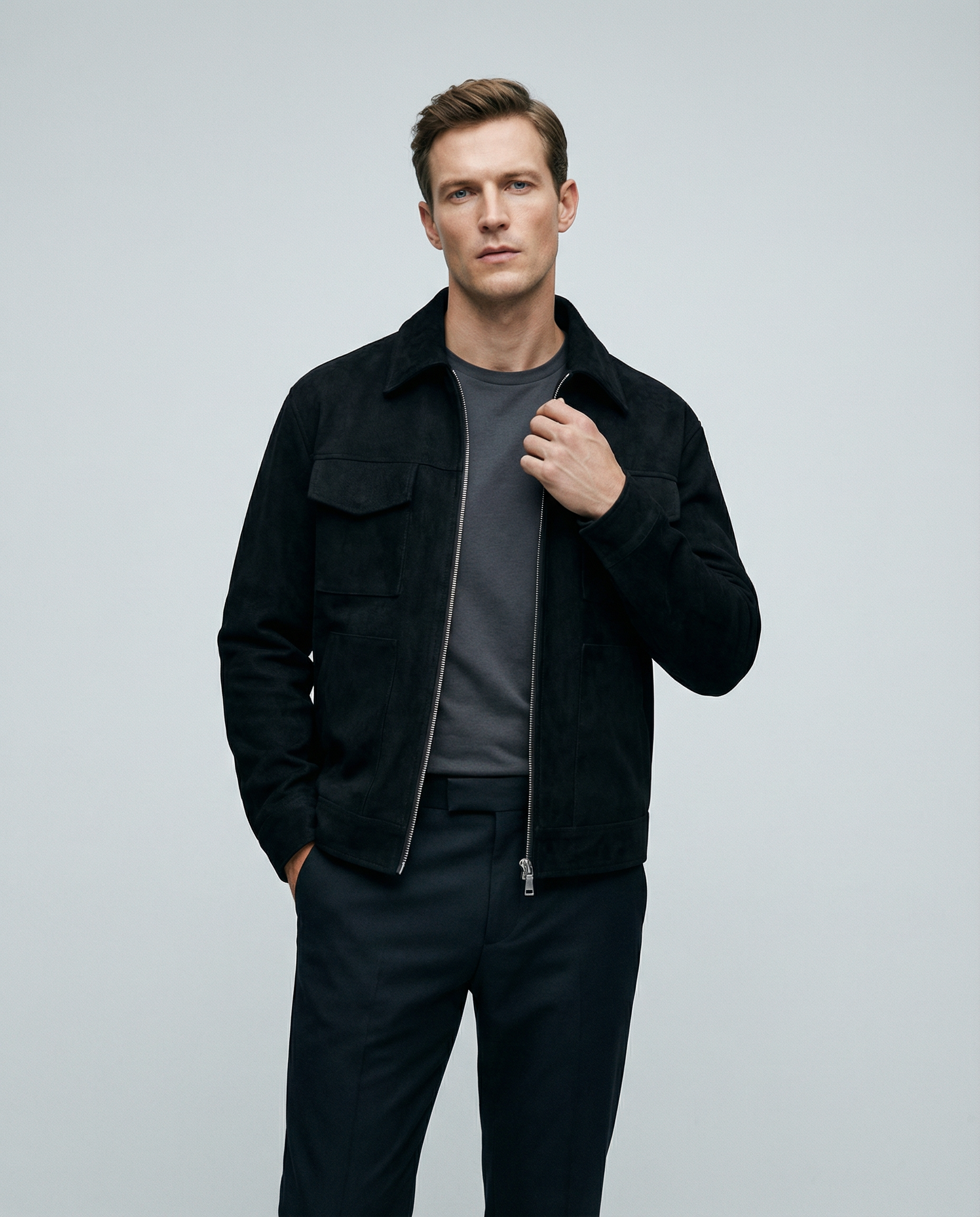 Men's Oversized Windbreaker Jacket – Stylish Suede Design with Functional Pockets — model wearing
