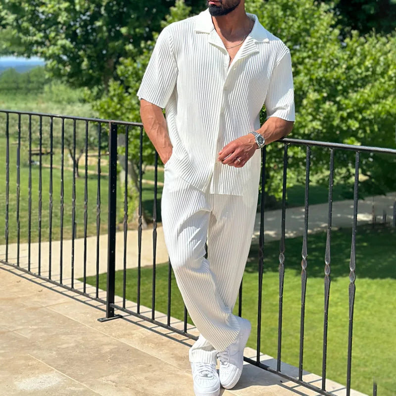 Men's Pleated Texture Camp Collar Short Sleeve Shirt and Straight Leg Trousers Two Piece Coordinated Set