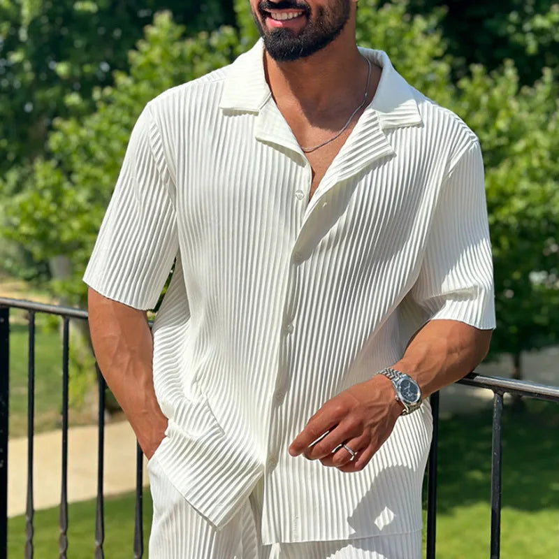 Men's Pleated Texture Camp Collar Short Sleeve Shirt and Straight Leg Trousers Two Piece Coordinated Set