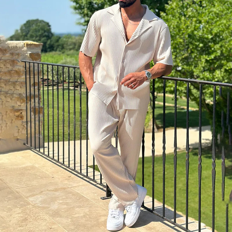 Men's Pleated Texture Camp Collar Short Sleeve Shirt and Straight Leg Trousers Two Piece Coordinated Set
