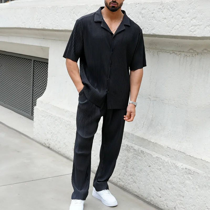 Men's Pleated Texture Camp Collar Short Sleeve Shirt and Straight Leg Trousers Two Piece Coordinated Set