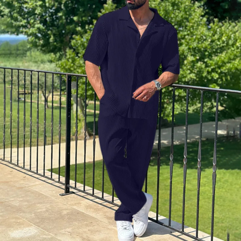 Men's Pleated Texture Camp Collar Short Sleeve Shirt and Straight Leg Trousers Two Piece Coordinated Set