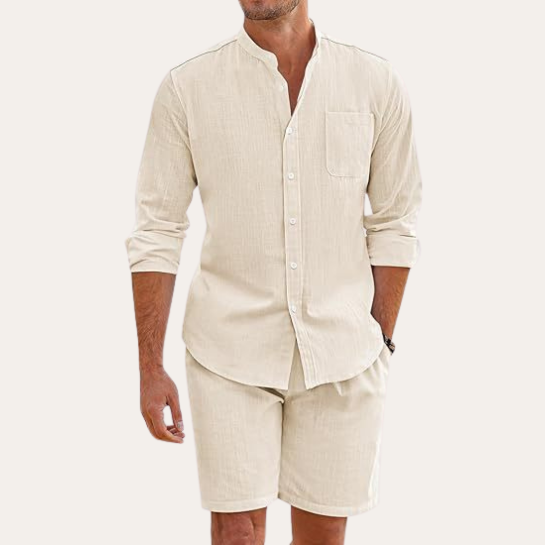 Men's Relaxed Fit Long Sleeve Mandarin Collar Shirt and Shorts Two Piece Summer Set