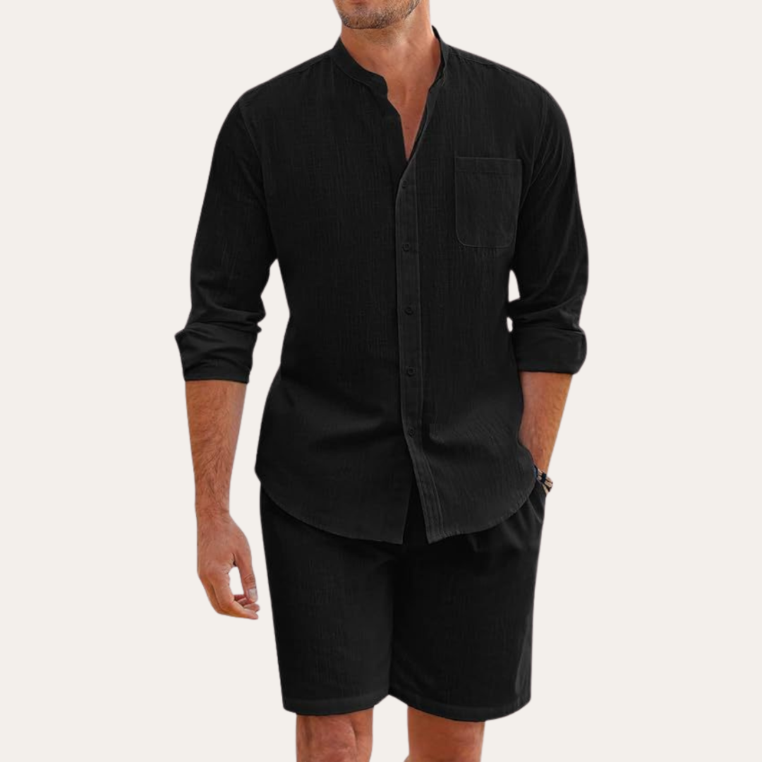 Men's Relaxed Fit Long Sleeve Mandarin Collar Shirt and Shorts Two Piece Summer Set