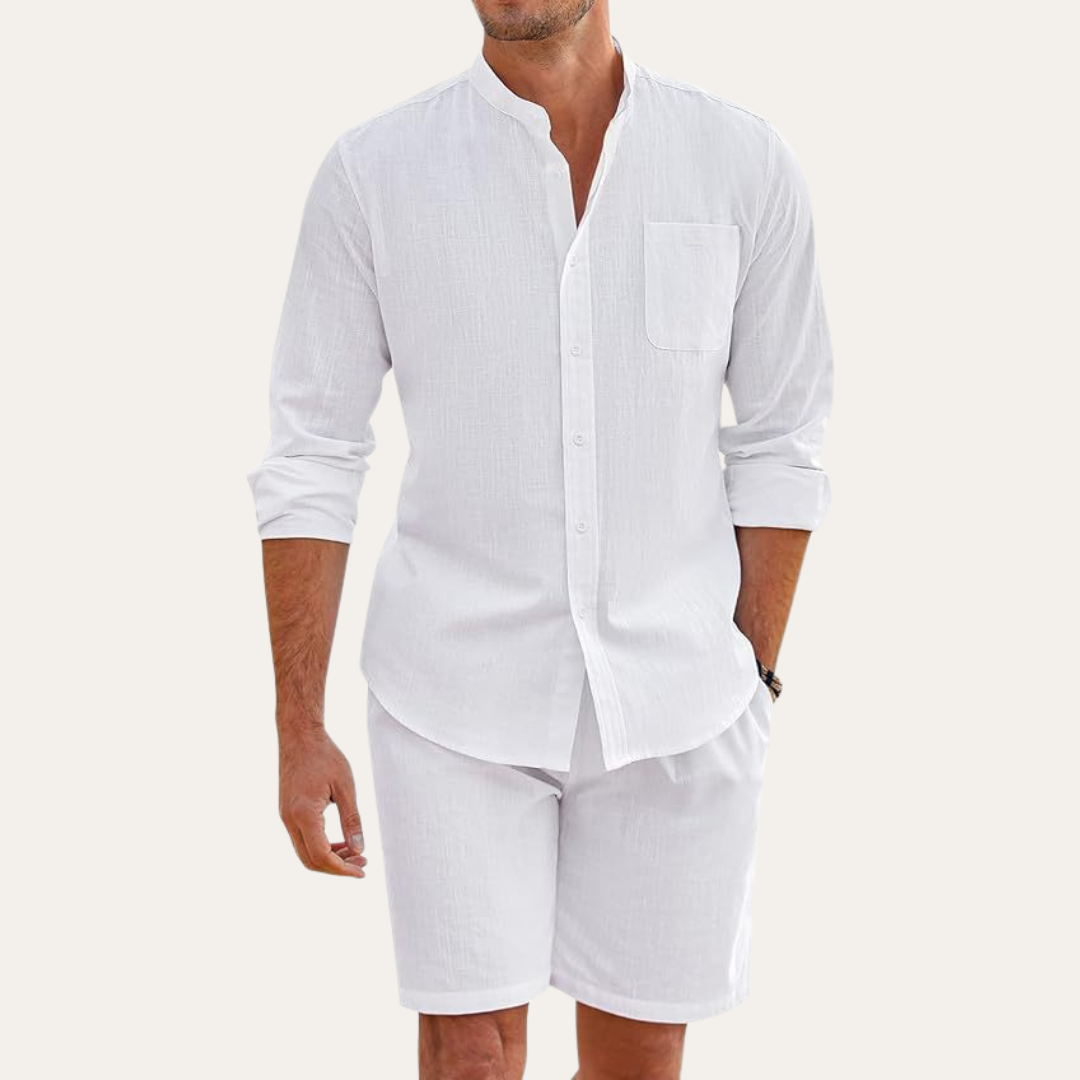 Men's Relaxed Fit Long Sleeve Mandarin Collar Shirt and Shorts Two Piece Summer Set