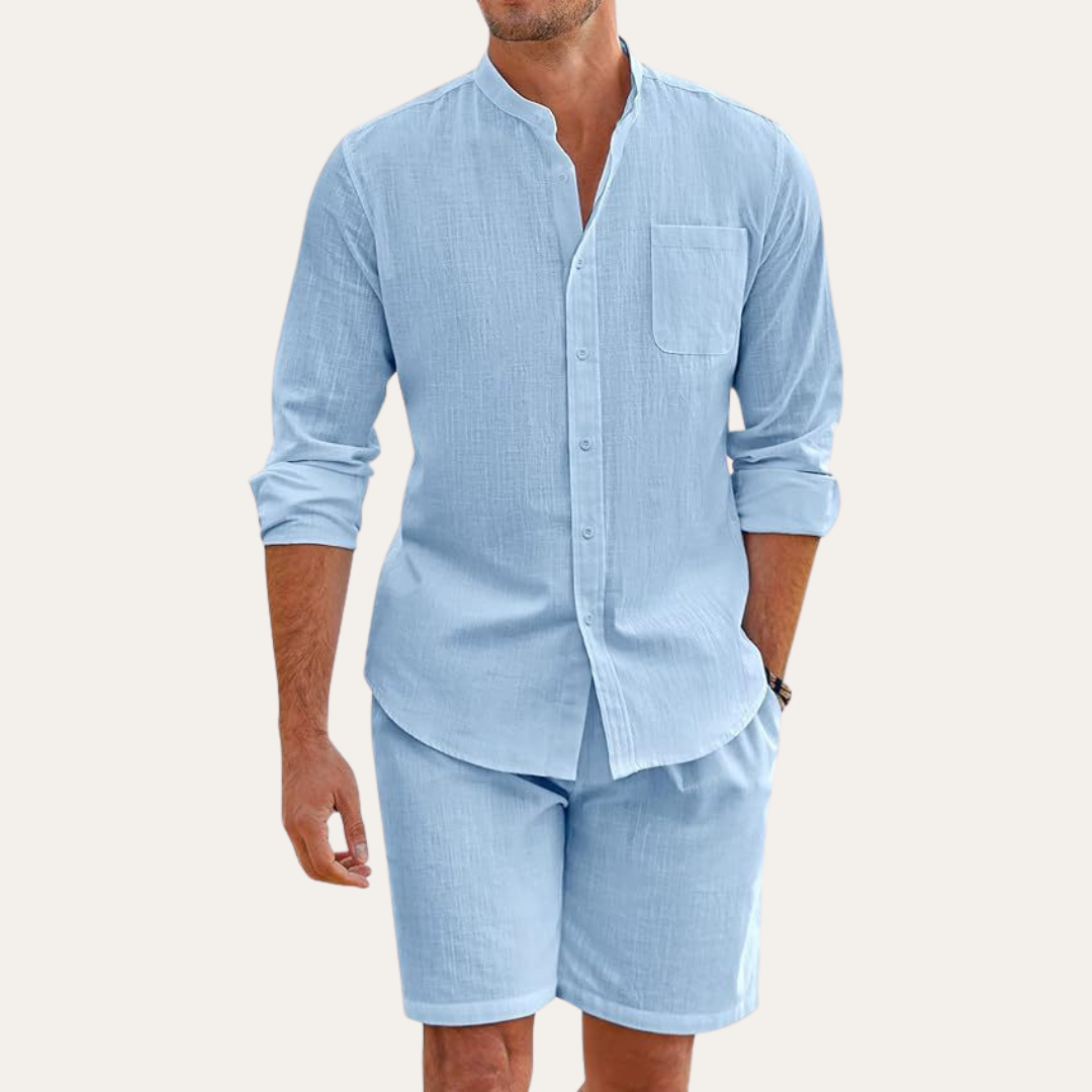 Men's Relaxed Fit Long Sleeve Mandarin Collar Shirt and Shorts Two Piece Summer Set