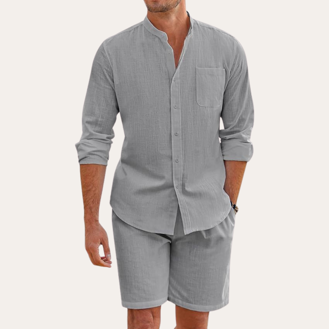 Men's Relaxed Fit Long Sleeve Mandarin Collar Shirt and Shorts Two Piece Summer Set