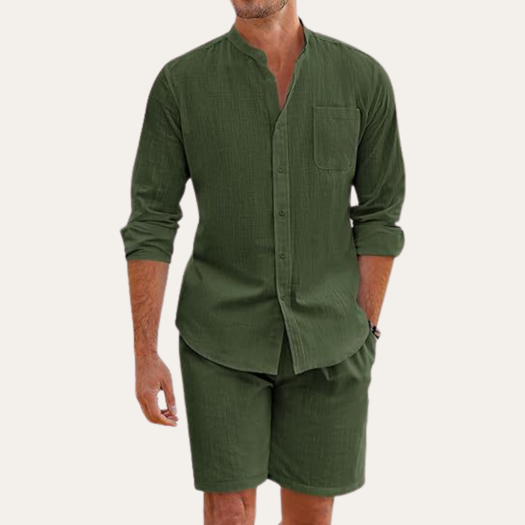 Men's Relaxed Fit Long Sleeve Mandarin Collar Shirt and Shorts Two Piece Summer Set