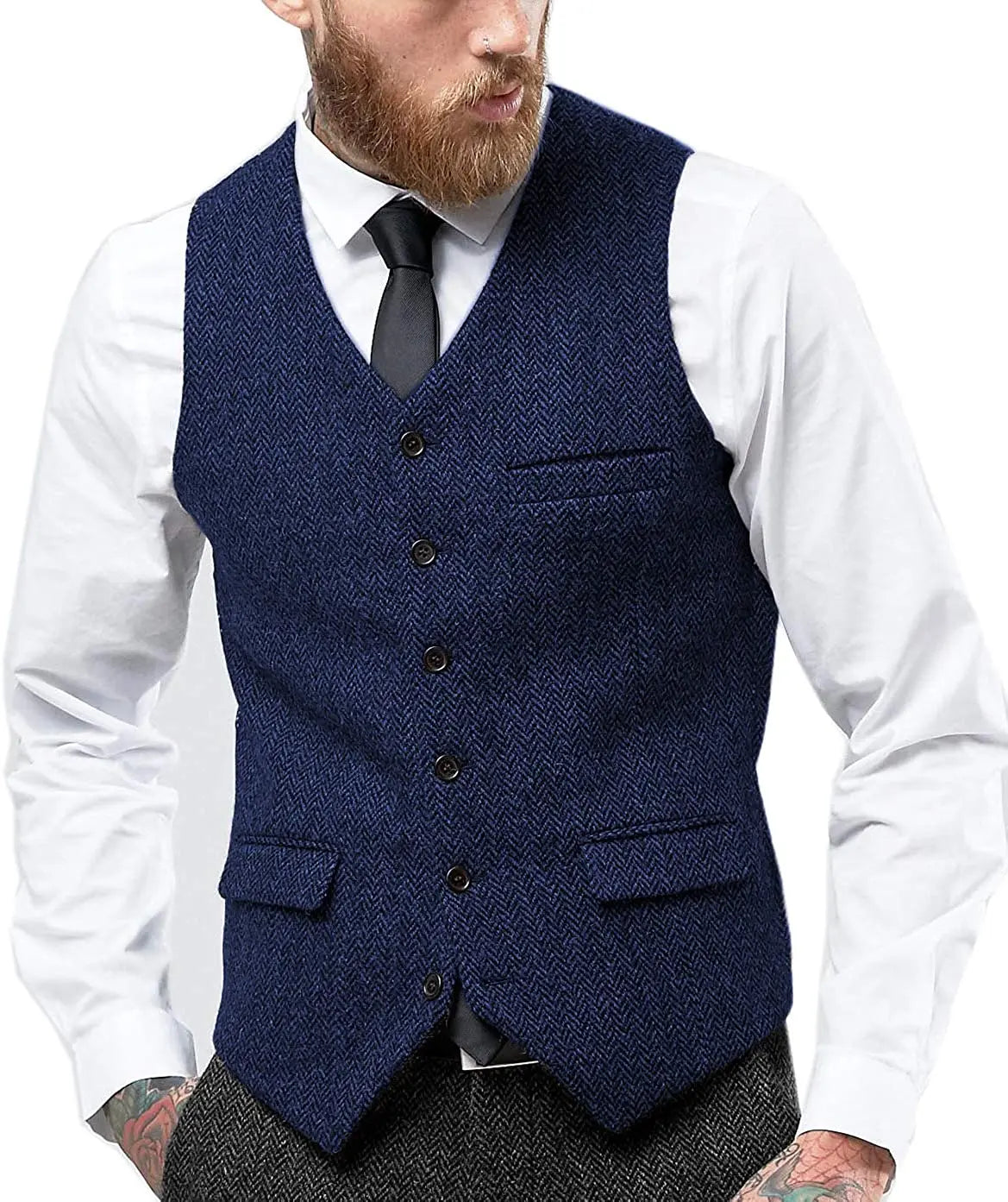 Men's Retro Tweed Waistcoat – Classic Herringbone Style for Smart-Casual Layering — back close-up