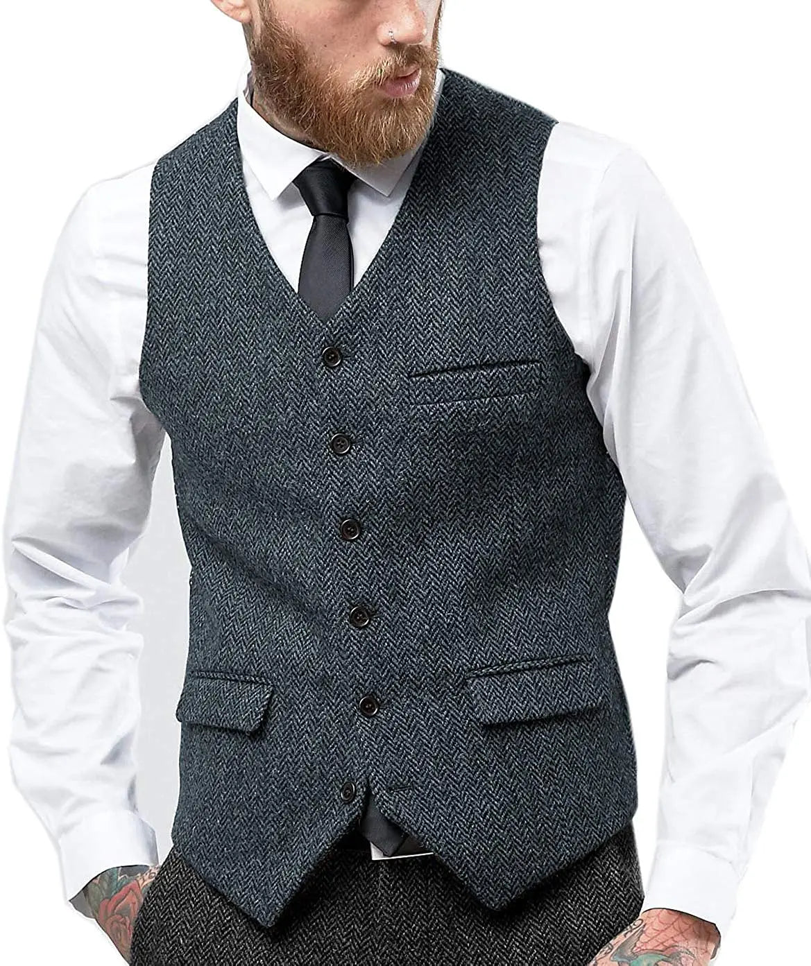 Men's Retro Tweed Waistcoat – Classic Herringbone Style for Smart-Casual Layering — close-up