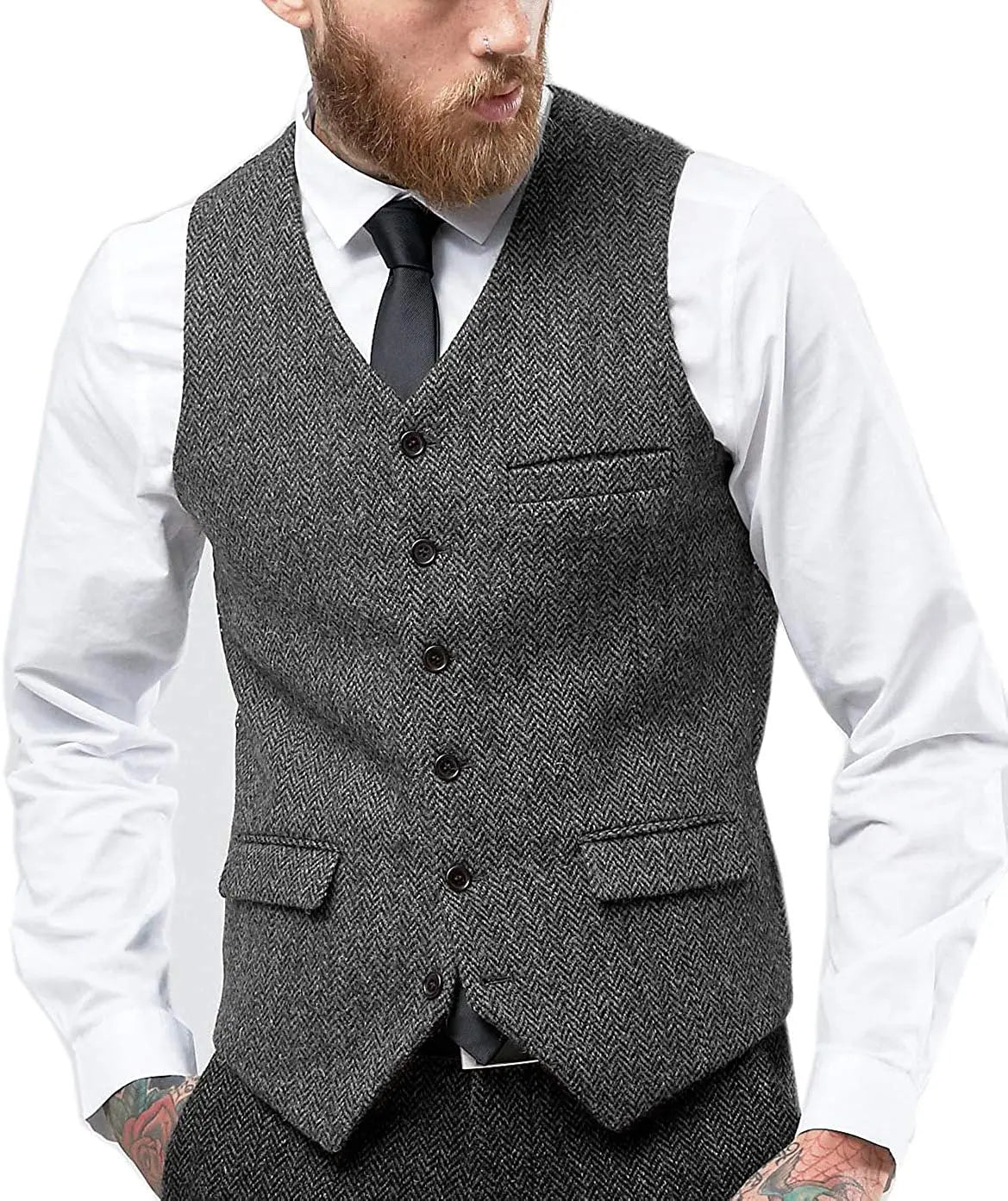 Men's Retro Tweed Waistcoat – Classic Herringbone Style for Smart-Casual Layering — detail view