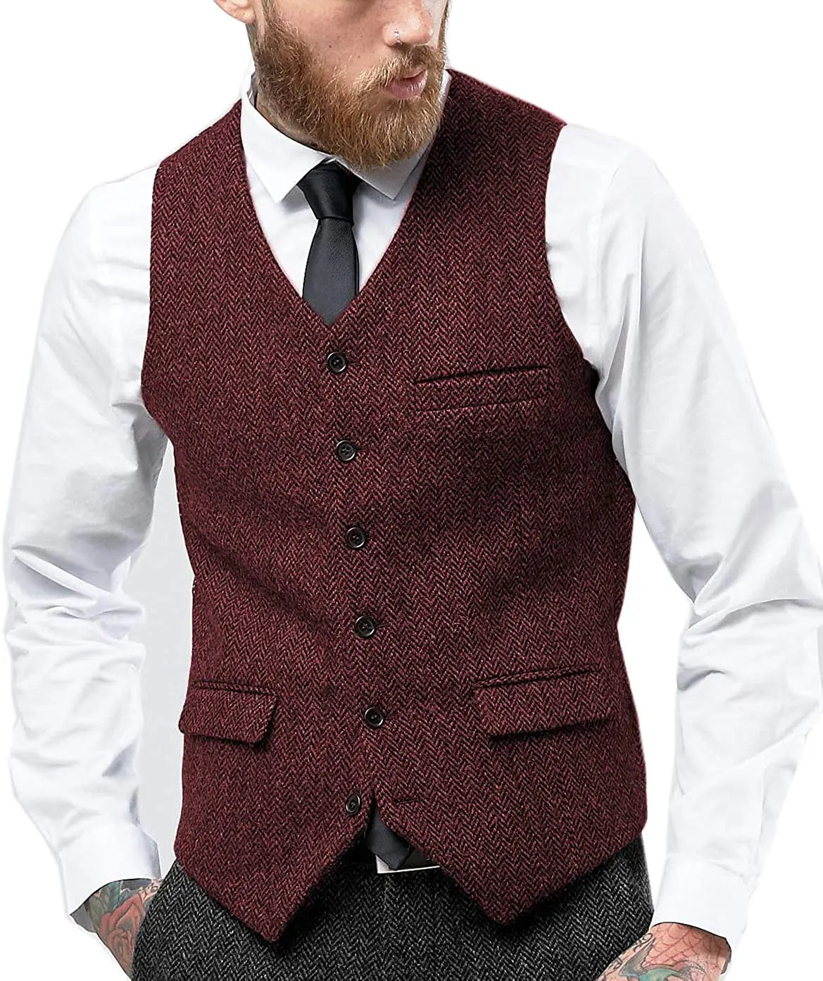 Men's Retro Tweed Waistcoat – Classic Herringbone Style for Smart-Casual Layering — fabric detail