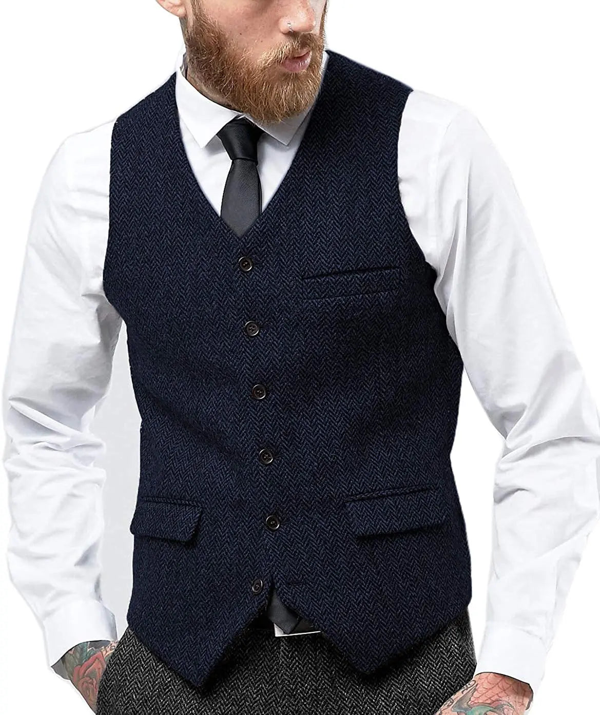 Men's Retro Tweed Waistcoat – Classic Herringbone Style for Smart-Casual Layering — front close-up