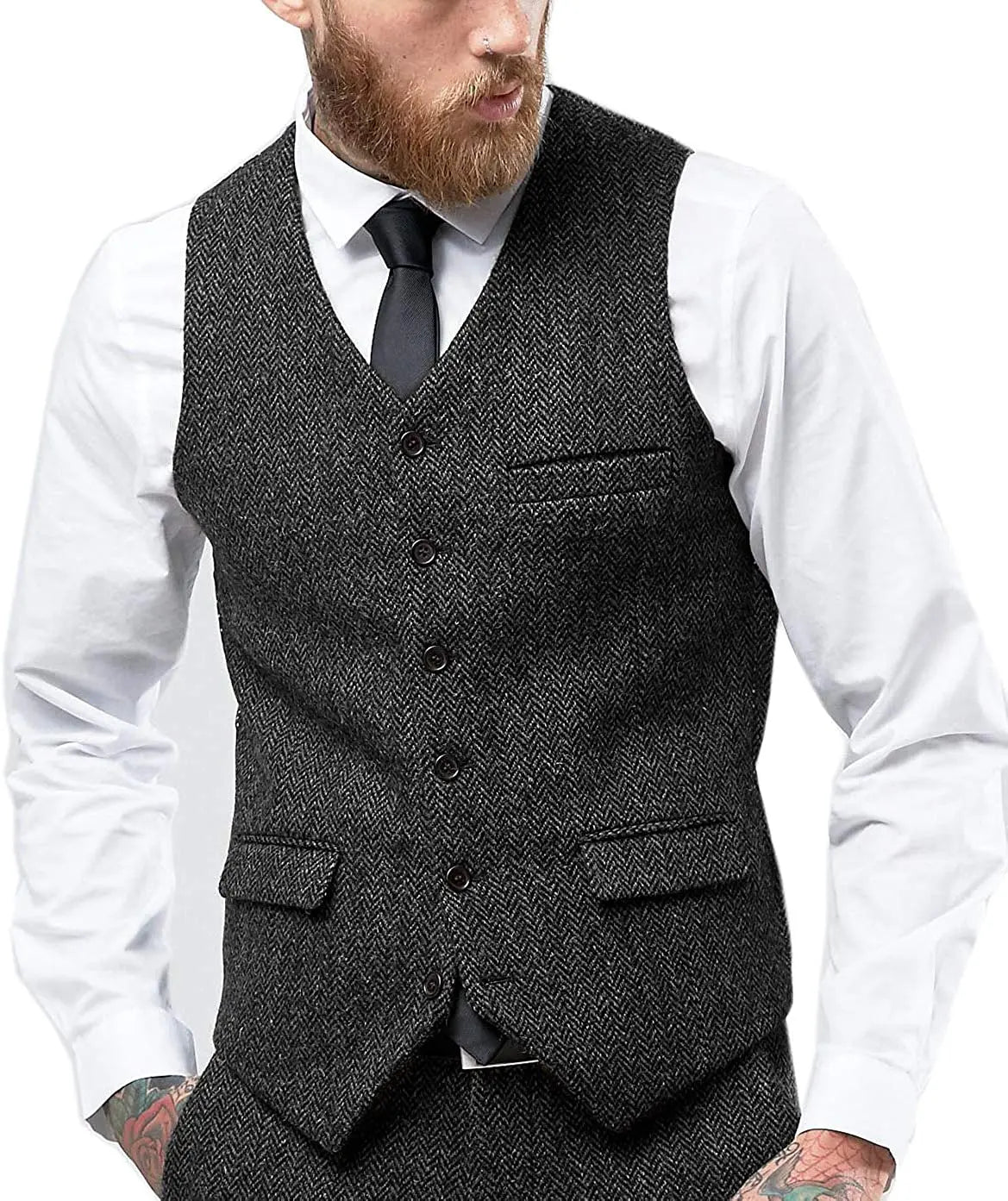 Men's Retro Tweed Waistcoat – Classic Herringbone Style for Smart-Casual Layering — model wearing