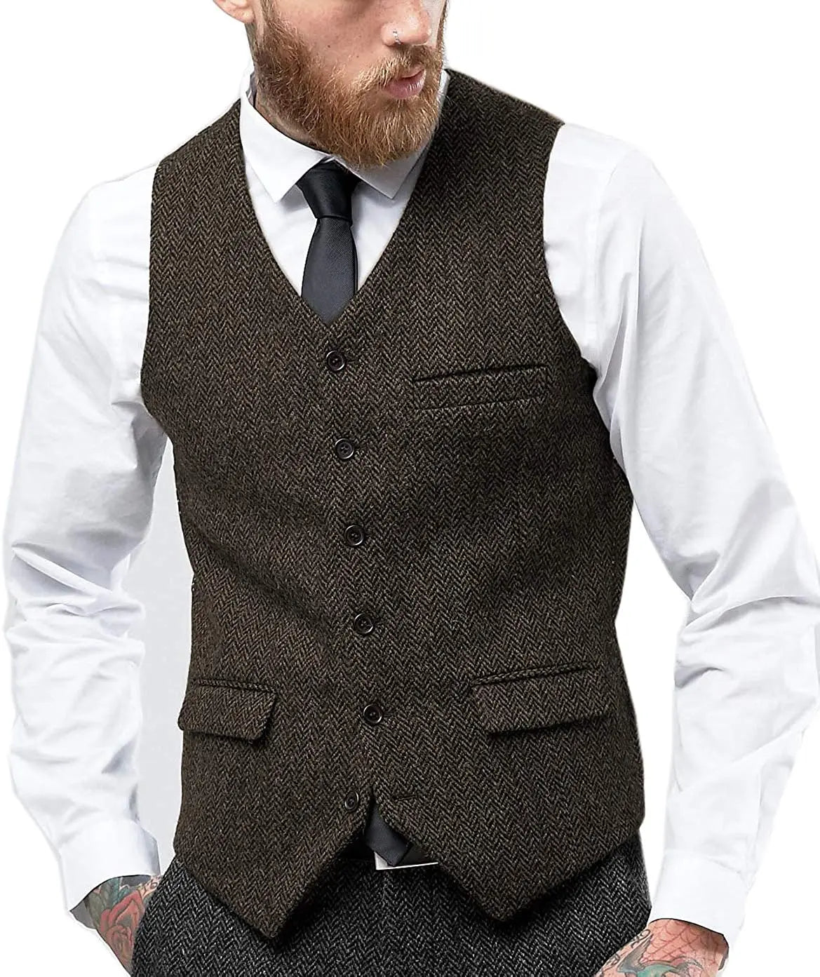Men's Retro Tweed Waistcoat – Classic Herringbone Style for Smart-Casual Layering — styling detail