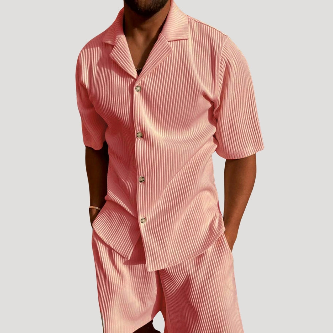 Men's Ribbed Textured Short Sleeve Button Up Shirt and Drawstring Shorts Two Piece Co-Ord Casual Set