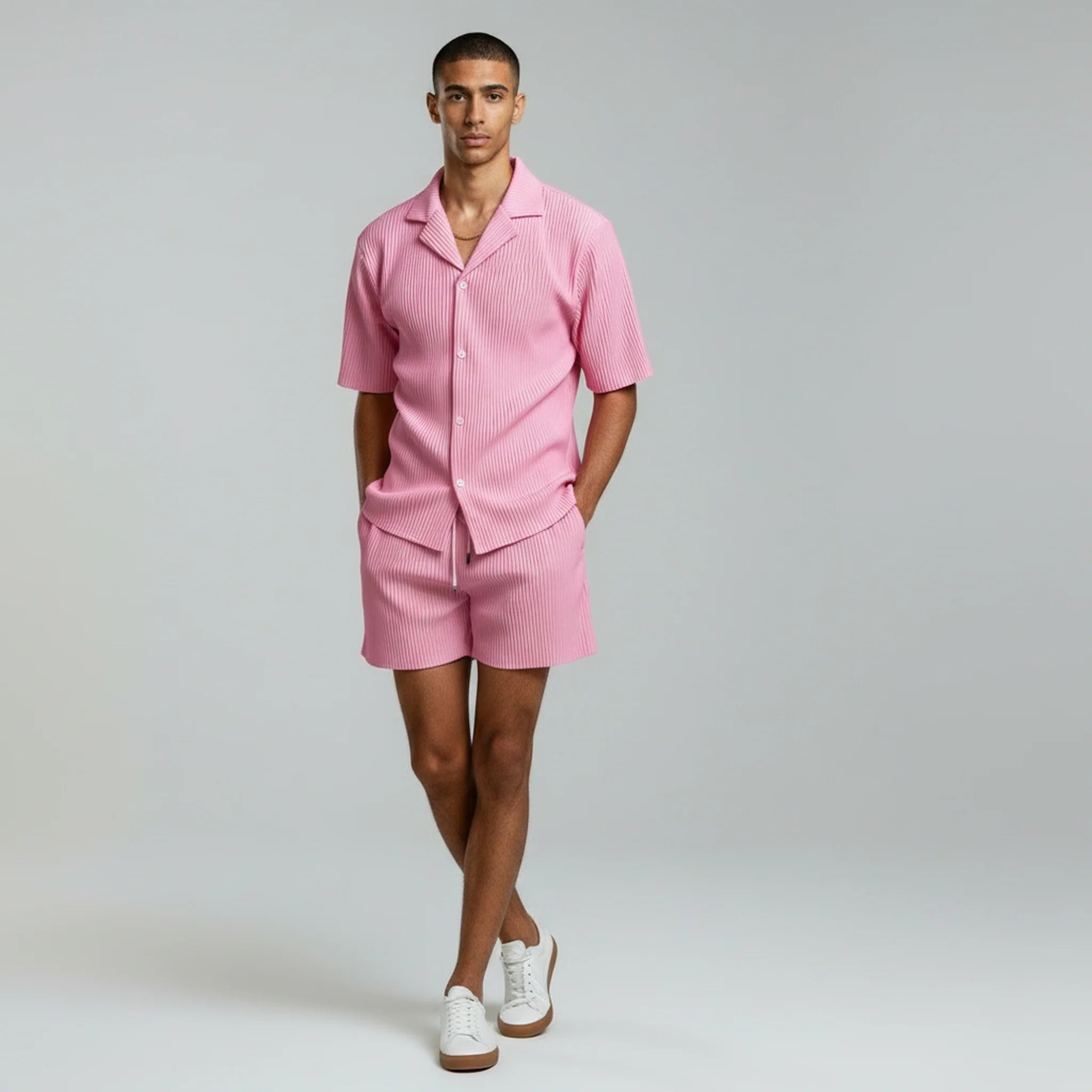 Men's Ribbed Textured Short Sleeve Button Up Shirt and Drawstring Shorts Two Piece Co-Ord Casual Set